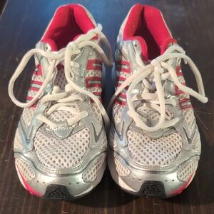 Adidas Silver and Red Sneakers with Breathable Mesh